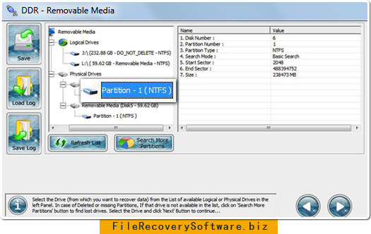 Removable media file recovery software Select partition drive